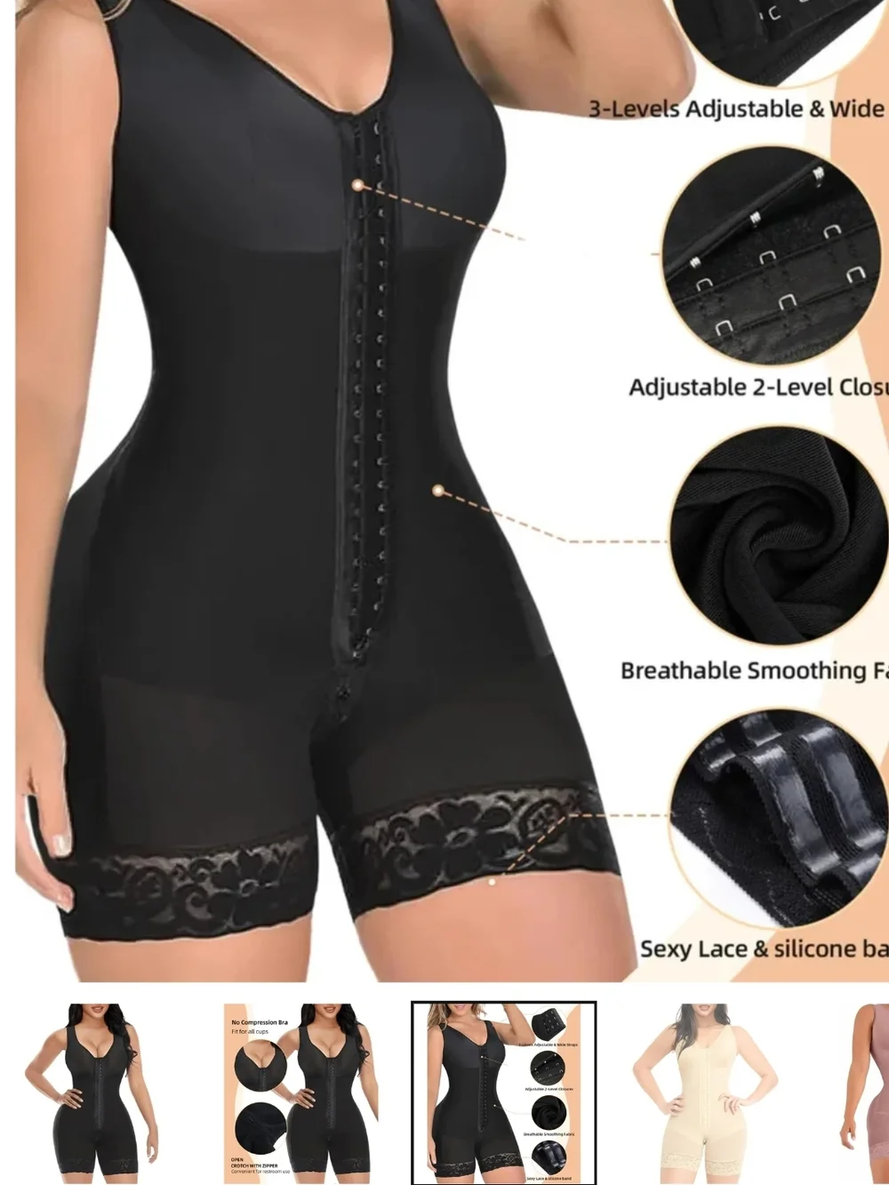 Black Front-Hook Shapewear Bodysuit